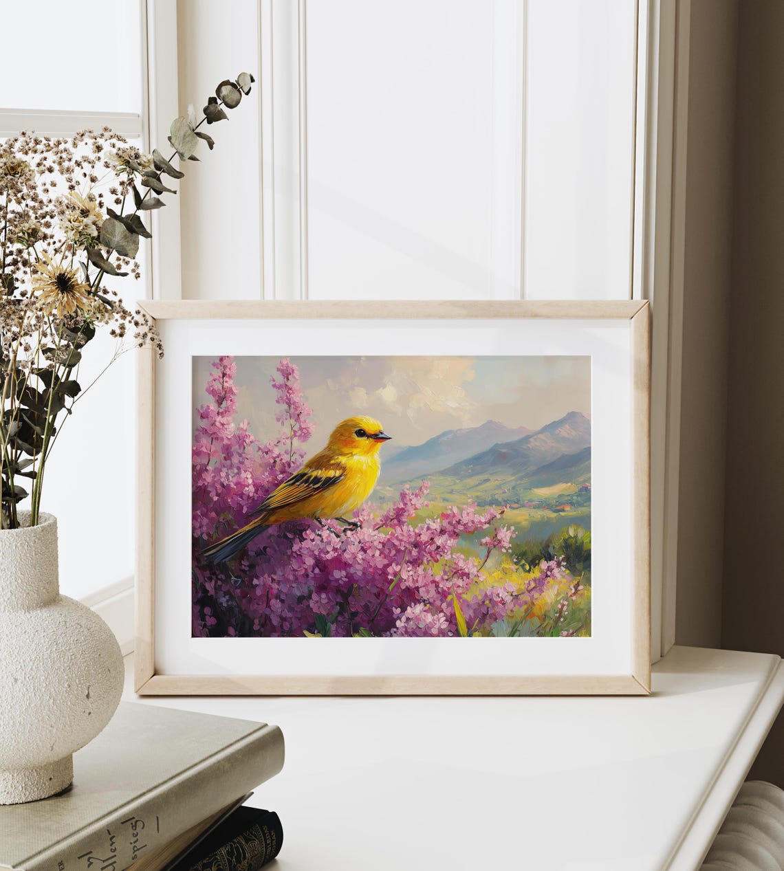 Golden Yellow Goldfinch Bird Among Purple Blossoms Valley Bird Print - Image 3