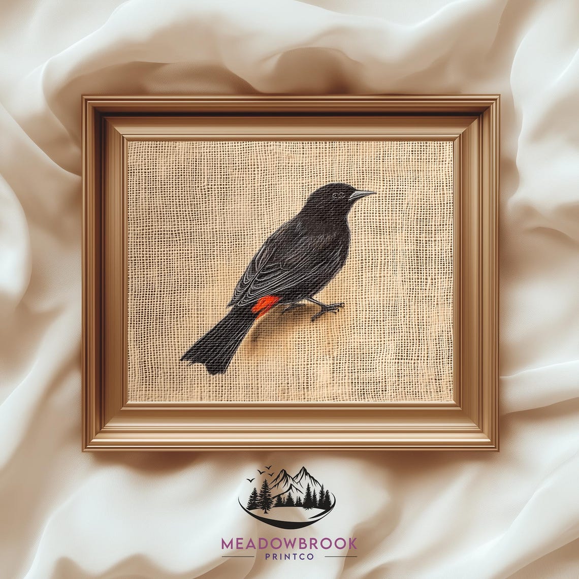 Red Winged Blackbird On Burlap Rustic Bird Art Print Vintage Poster