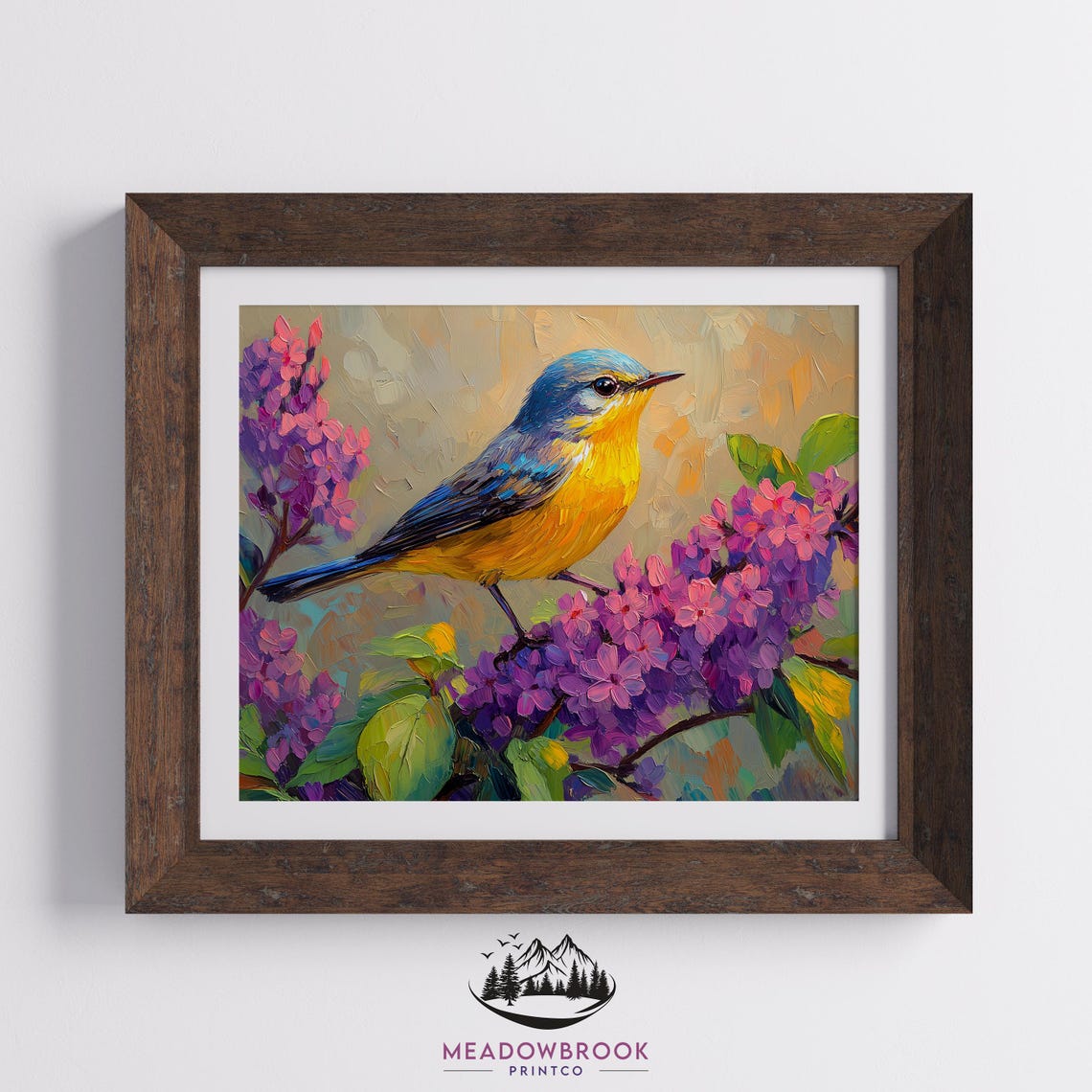 Blue Headed Yellow Warbler Among Purple Lilac Blossoms Spring Poster - Image 2