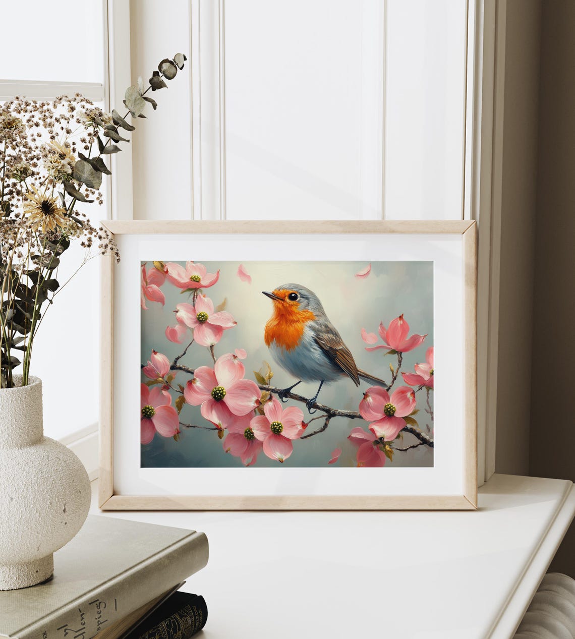 Robin On Pink Dogwood Blossoms Falling Petals Spring Scene Poster - Image 3