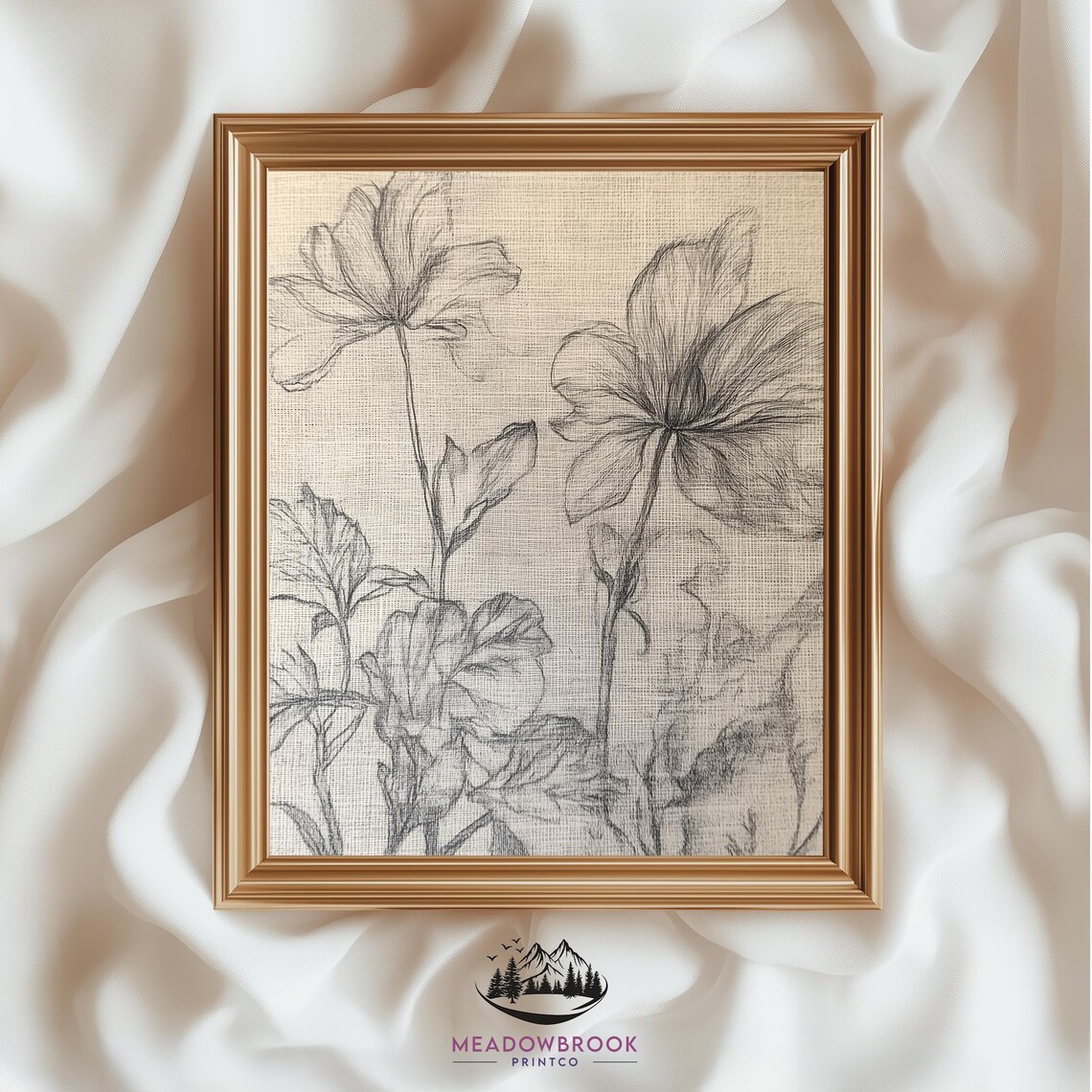 Rustic Floral Pencil Sketch Flowers, Farmhouse Decor
