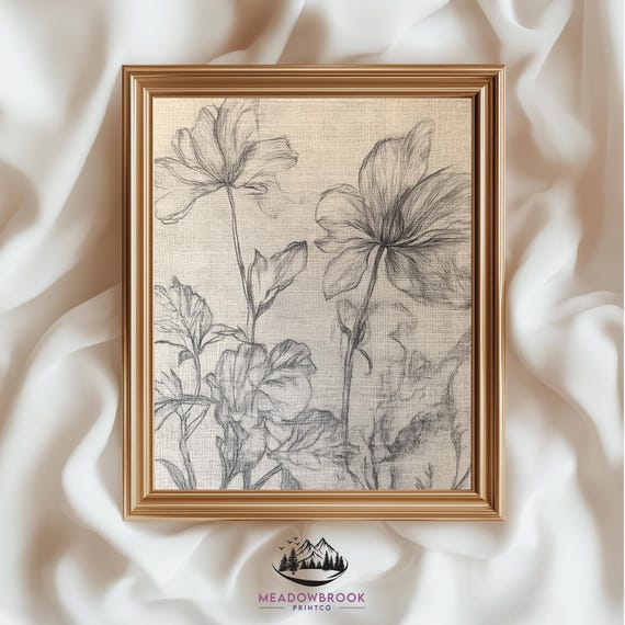 Rustic Floral Pencil Sketch Flowers, Farmhouse Decor