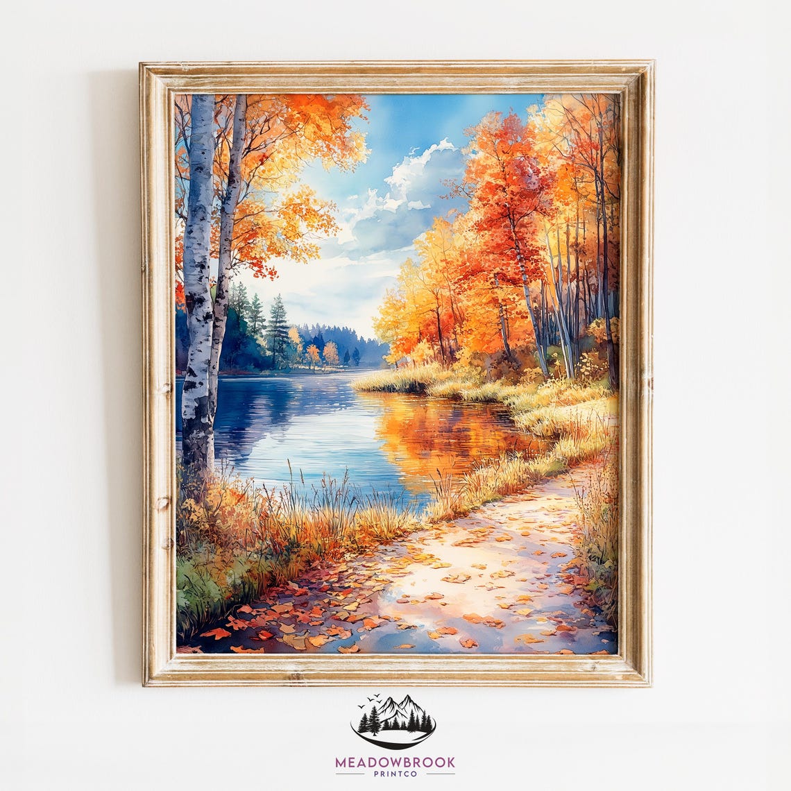 Autumn Lakeside Birch Trees Golden Fall Colors Watercolor Print Poster