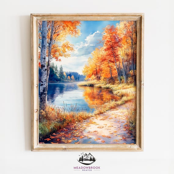 Sunlit Springtime Riverbank Colorful Watercolor Wall Art Earthy Farmhouse Landscape Decor Cottagecore Print 909