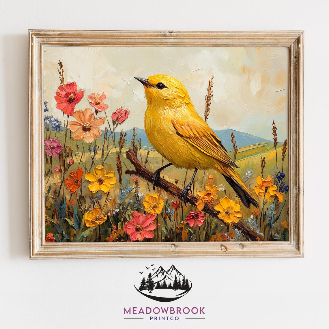 Yellow Warbler Bird in Meadow Wildflowers Rolling Hills Spring Poster