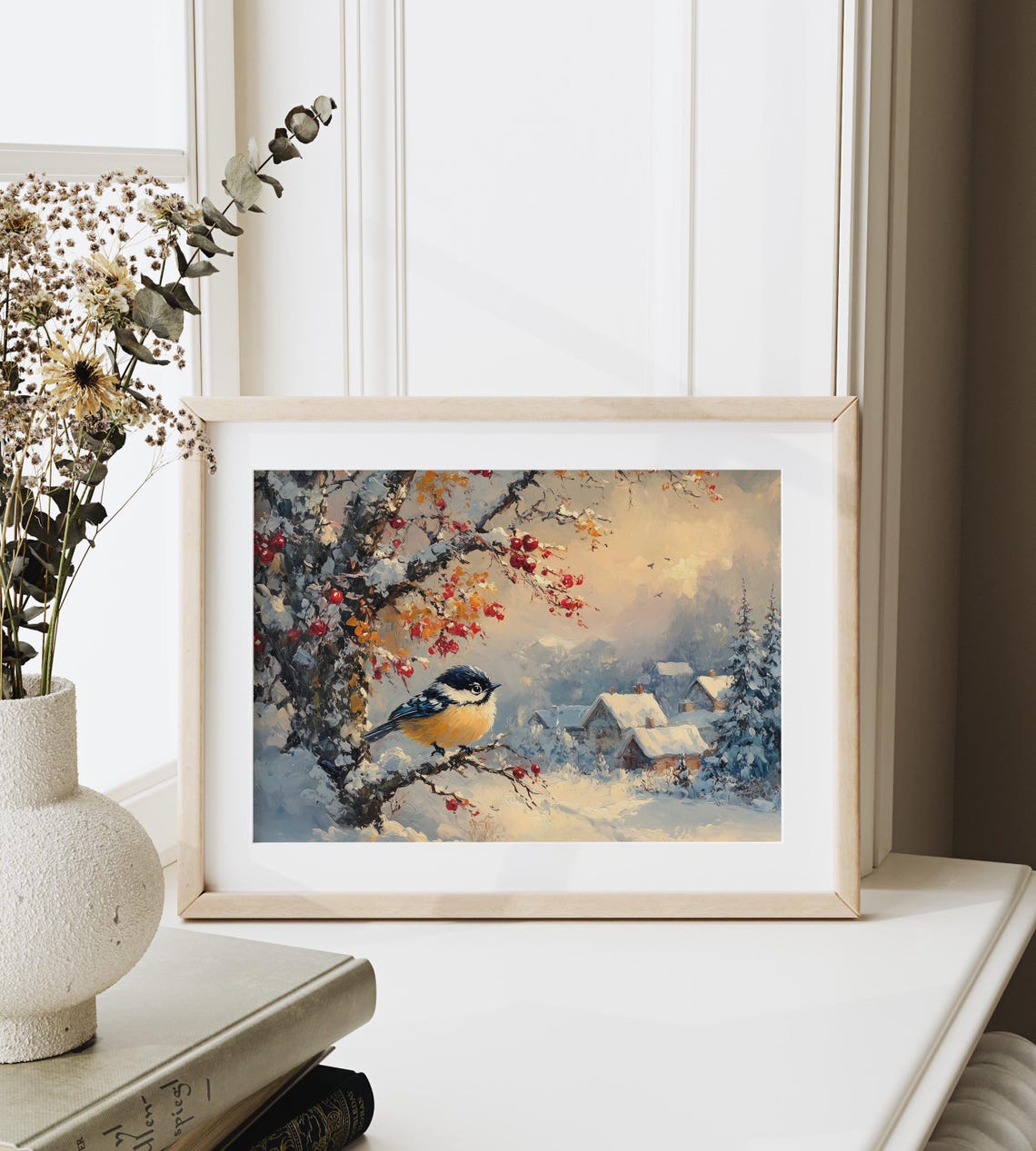 Chickadee On Snowy Berry Branch By Cozy Winter Village Scene Poster - Image 3