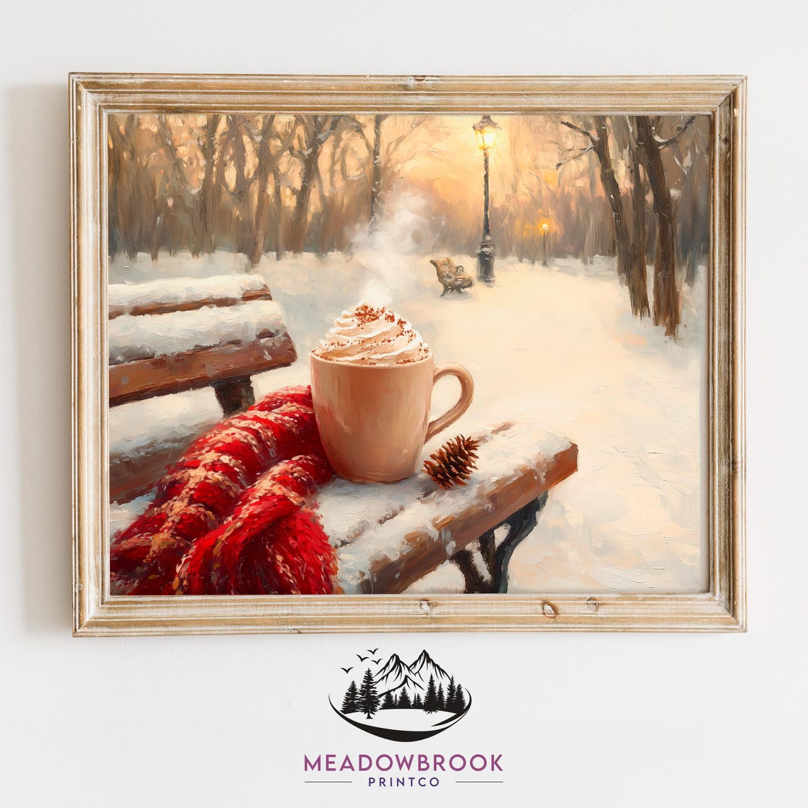 Hot Cocoa Mug On Snowy Park Bench With Cozy Red Scarf Art Poster