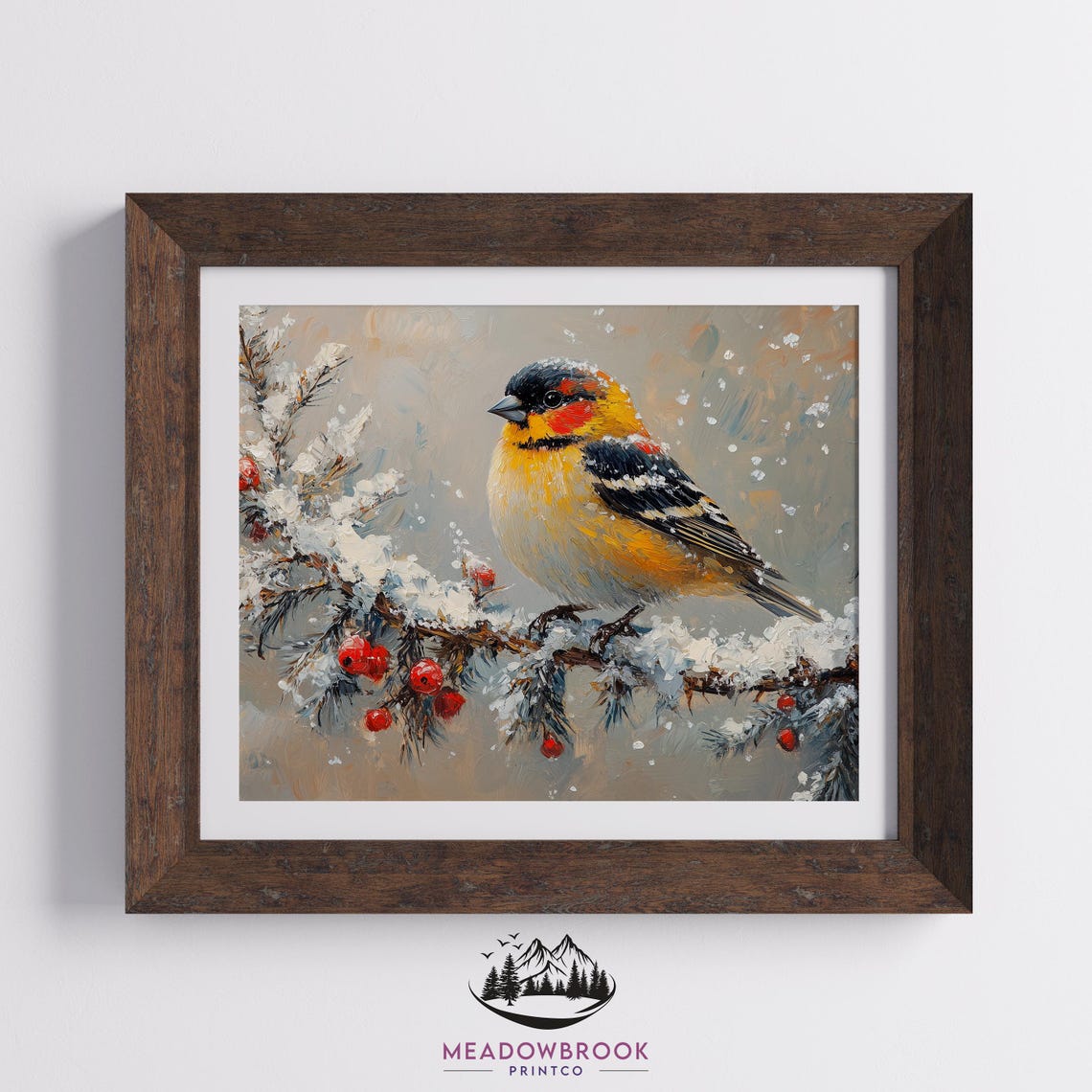 Goldfinch Bird on Snowy Evergreen Branch With Red Winter Berries Art - Image 2