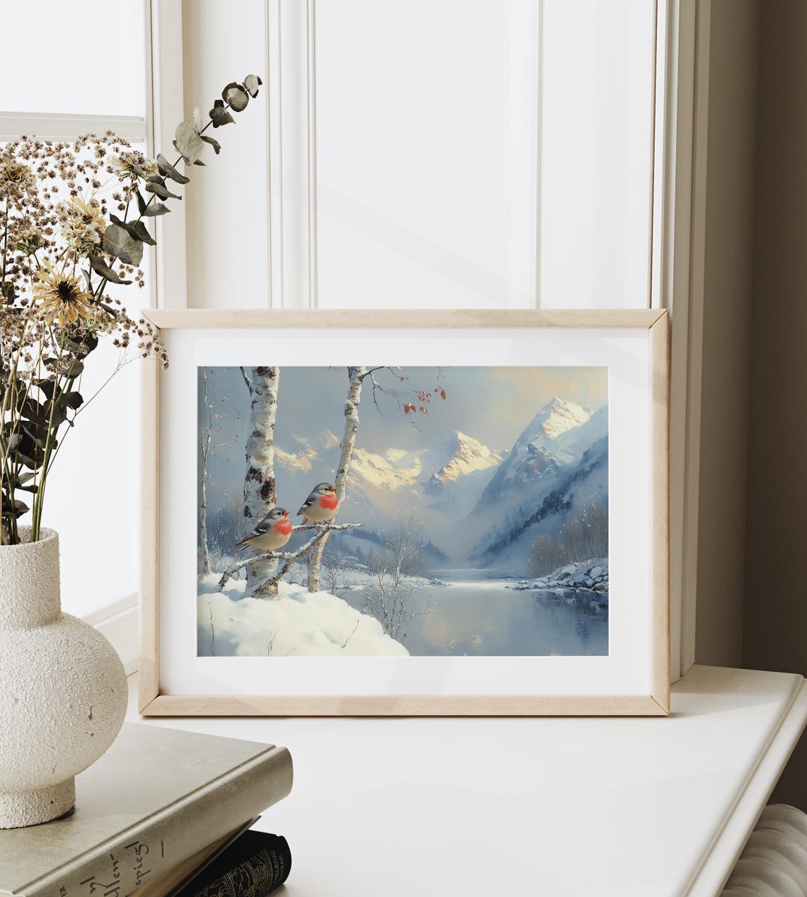 Finch Pair on Snowy Birch Branch Winter Mountain Lake View Bird Poster - Image 3