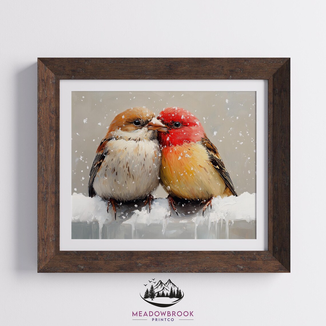 Pair Of House Finches Cuddled Together On Snowy Winter Branch Poster - Image 2