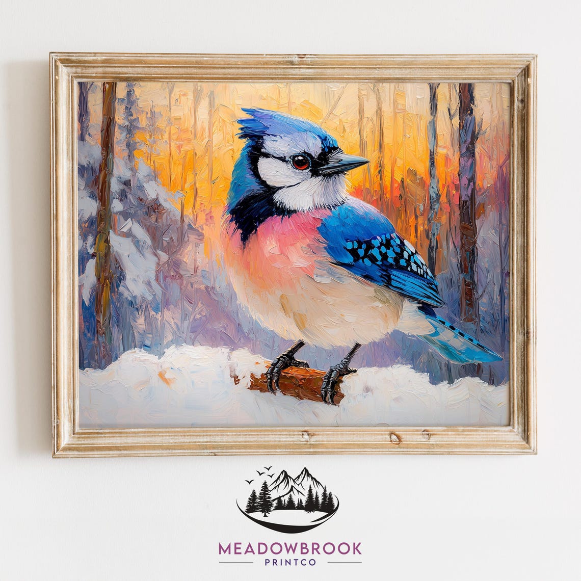 Blue Jay In Snow At Sunset Winter Impasto Oil Painting Bird Poster