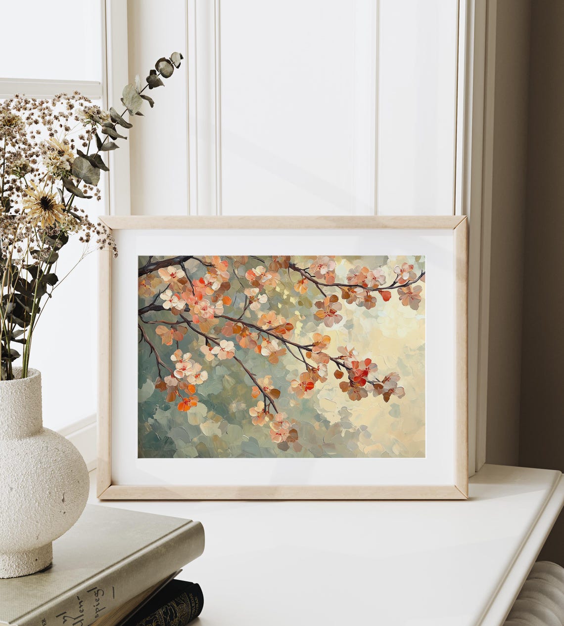 Blushing Apricot Blossom Branches Textured Spring Floral Wall Art - Image 3