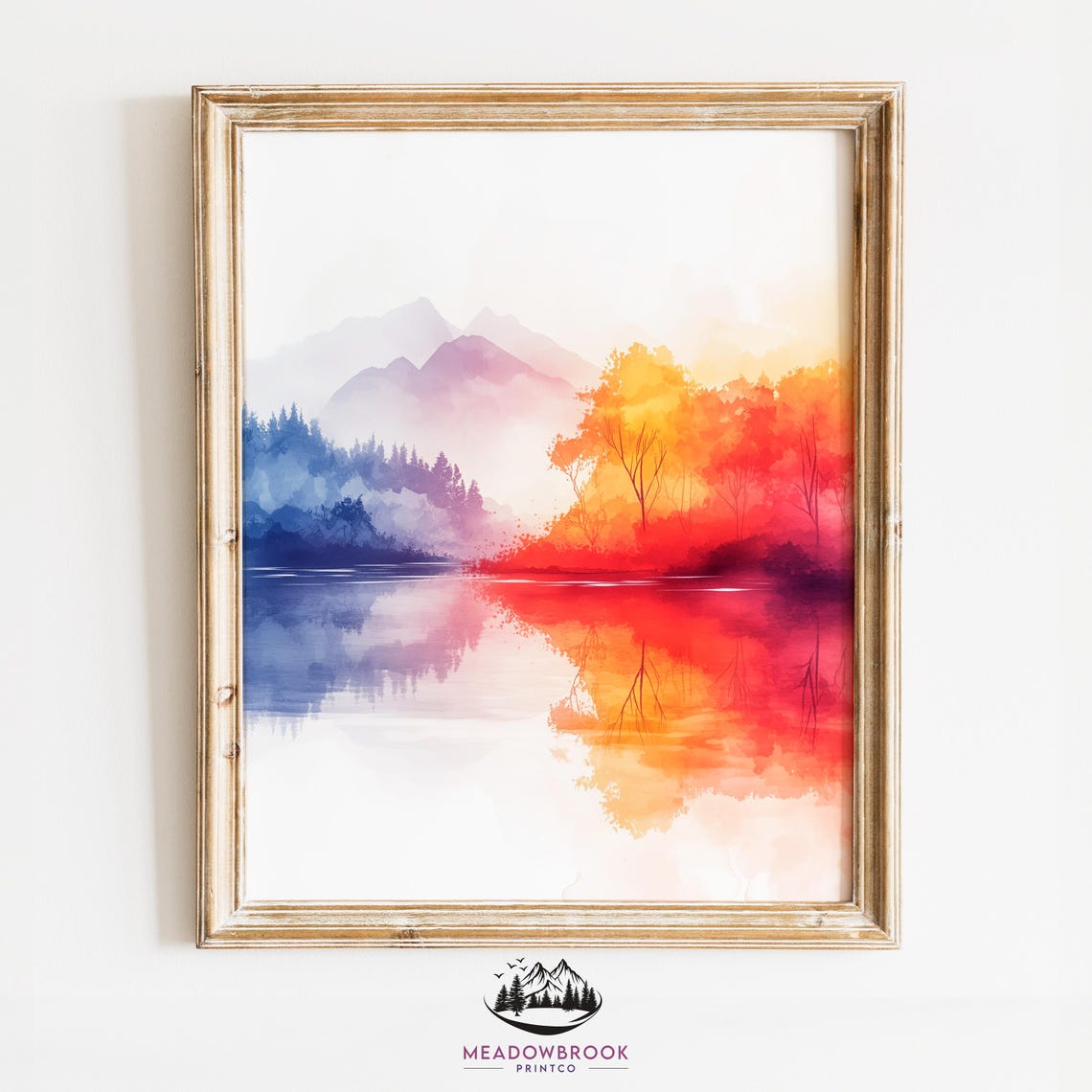 Serene River Sunrise Mirror Reflection Autumn Watercolor Nature Poster