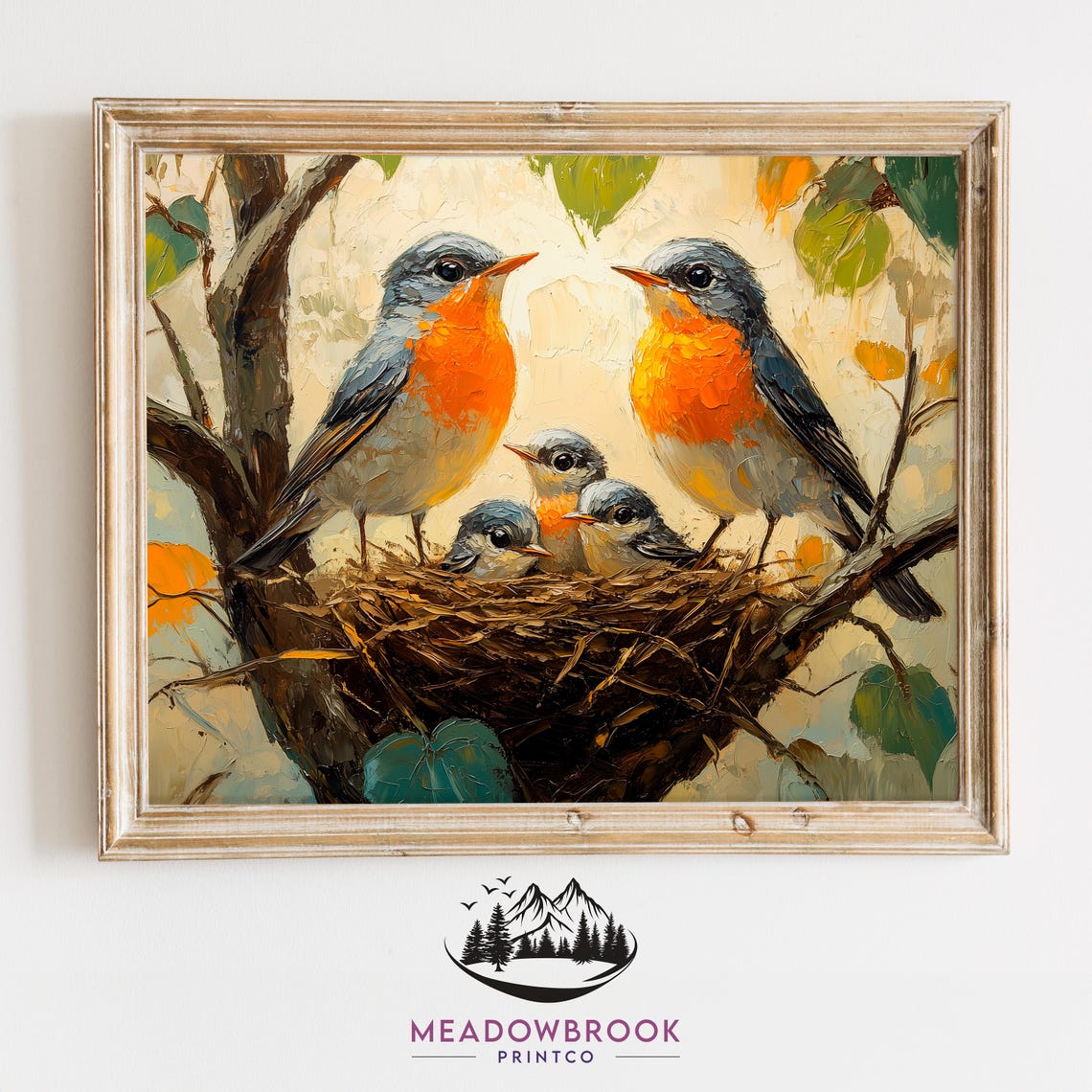 Family Of Robins Nestled Among Autumn Leaves Vintage Christmas Wall Art Rustic Holiday Nature Decor Festive Winter Bird Print 682