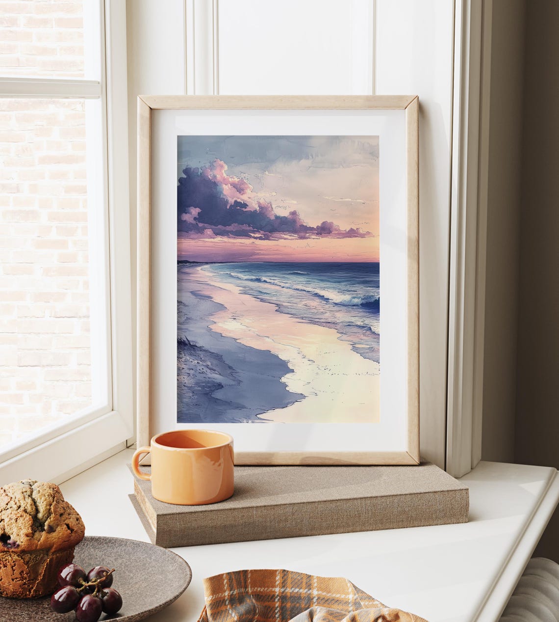 Serene Beach At Sunrise Pink Sky Coastal Watercolor Ocean Poster - Image 3