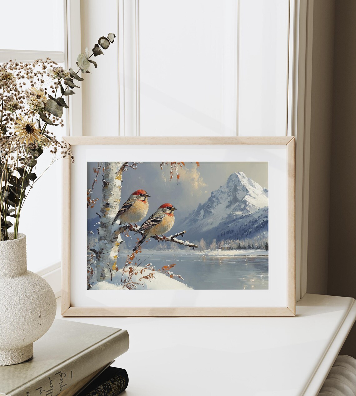 Pair Of House Finches On Snowy Branch Alpine Lake Winter Poster - Image 3