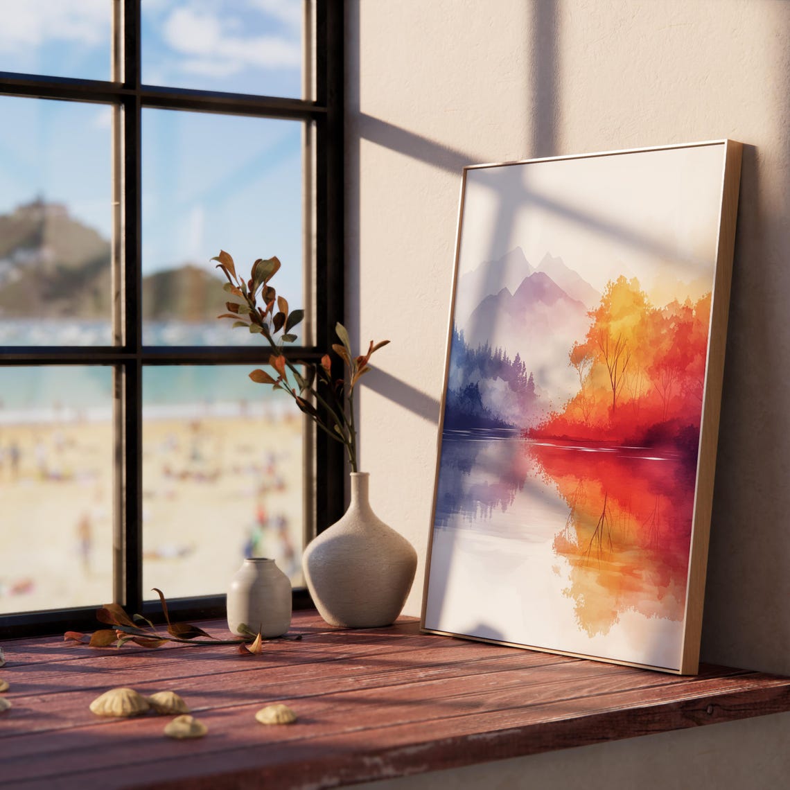 Serene River Sunrise Mirror Reflection Autumn Watercolor Nature Poster - Image 2