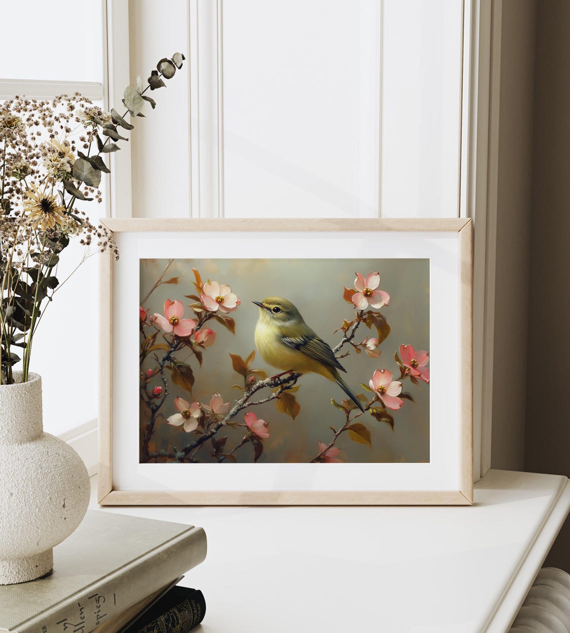 Tiny Yellow Kinglet Perched Among Pink Dogwood Blossoms Spring Poster - Image 3
