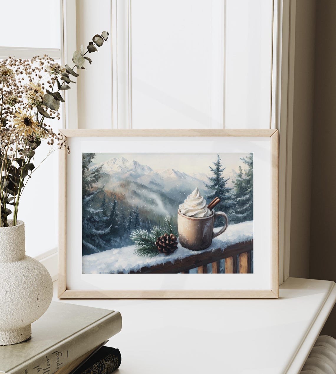 Hot Cocoa Mug On Snowy Balcony With Mountain View Art Poster - Image 3