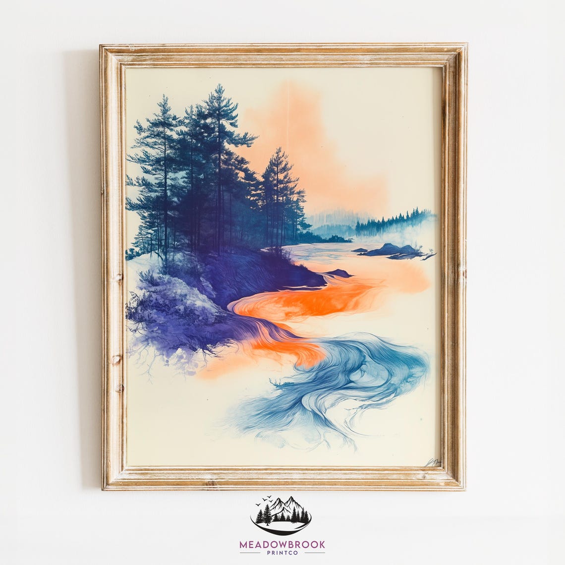 Flowing River Through Pine Trees Sunset Sketch Pencil Ink Nature Art