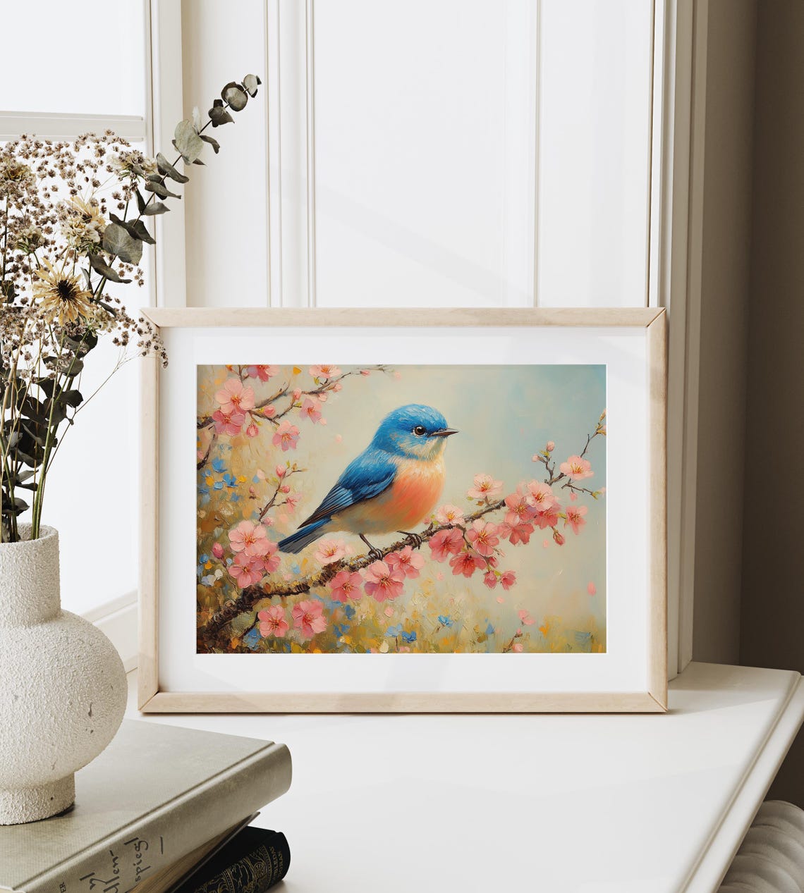 Eastern Bluebird Perched On Cherry Blossom Branch Spring Oil Poster - Image 3