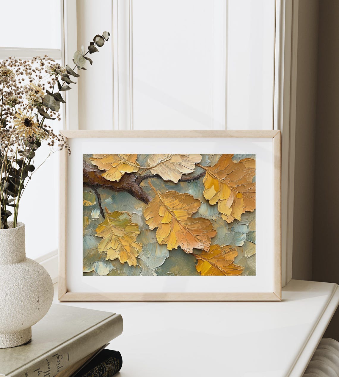 Golden Oak Leaves Impasto Closeup Warm Fall Foliage Botanical Wall Art - Image 3