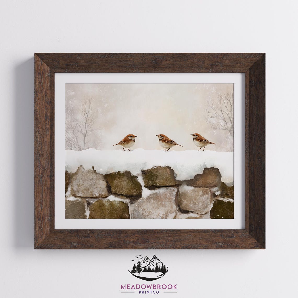 Three Sparrows On A Snowy Stone Wall Minimalist Winter Bird Art Poster - Image 2