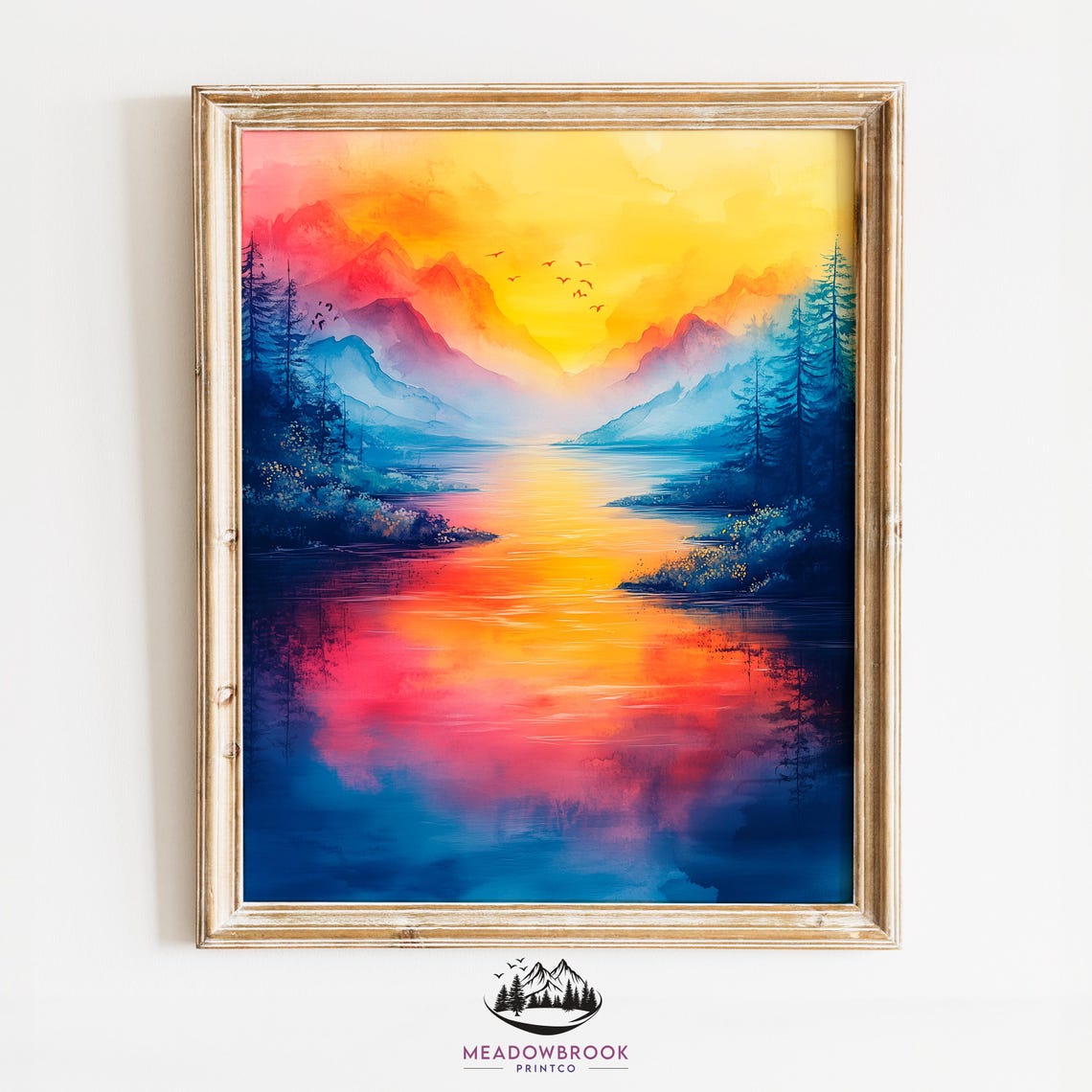 Golden Sunset Over Mountain River Vibrant Pink Orange Watercolor Print
