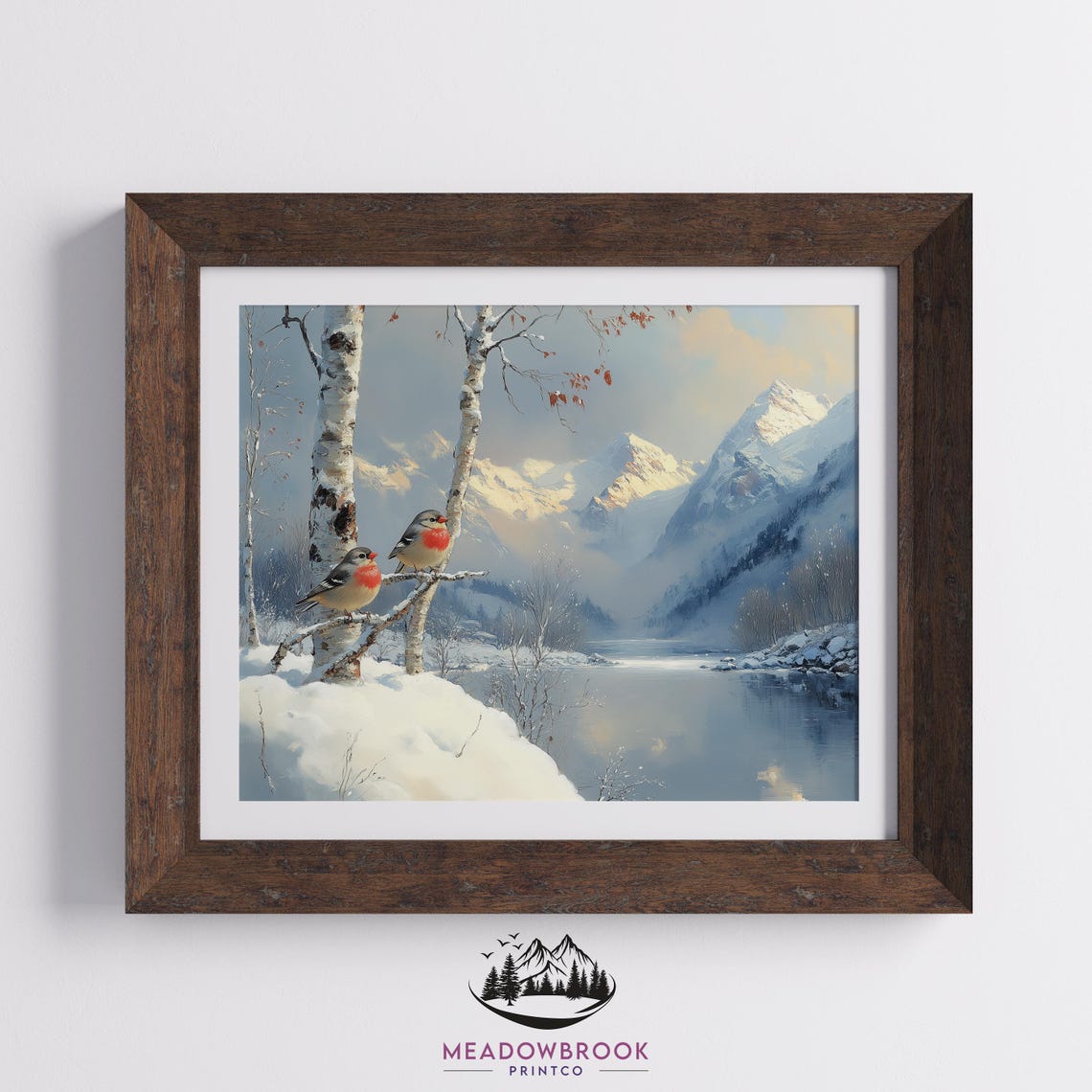 Finch Pair on Snowy Birch Branch Winter Mountain Lake View Bird Poster - Image 2