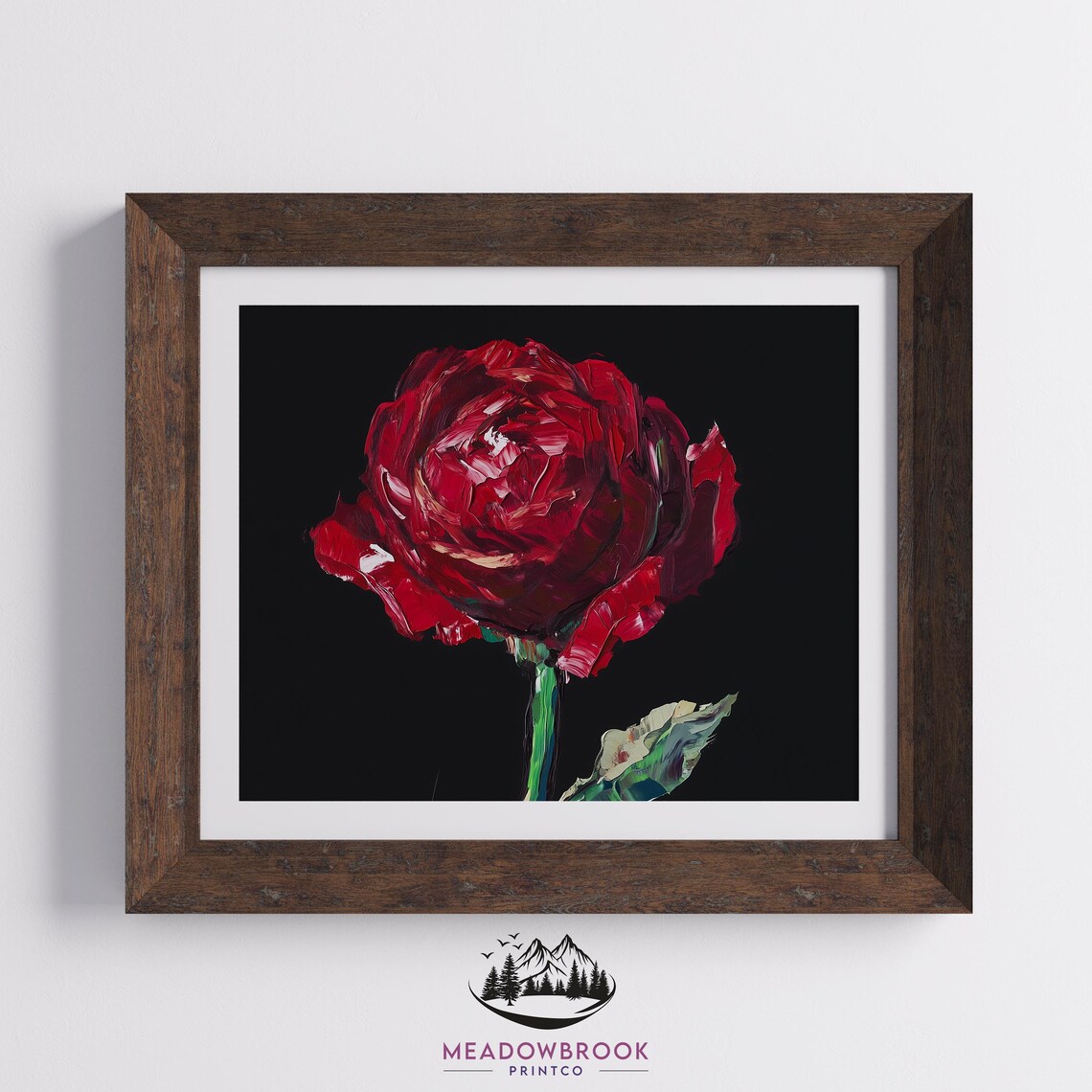 Bold Red Rose On Black Background Impasto Floral Painting Print - Image 2