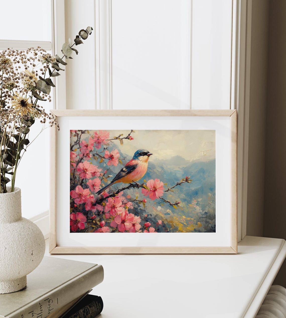 Finch Among Pink Azalea Blooms Mountain Spring Oil Painting Poster - Image 3