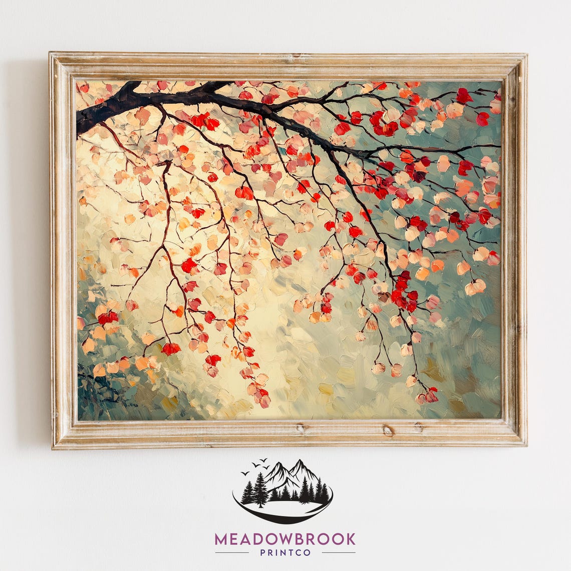 Autumn Cherry Tree Branches From Below Red Leaves Sky View Wall Art