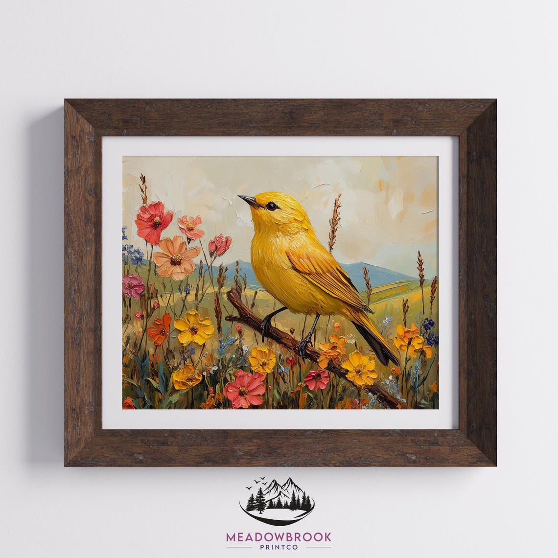 Yellow Warbler Bird in Meadow Wildflowers Rolling Hills Spring Poster - Image 2