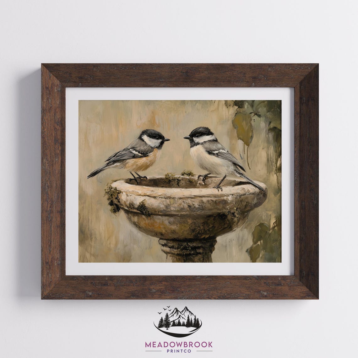 Two Chickadees On A Stone Birdbath Vintage Garden Bird Art Poster - Image 2