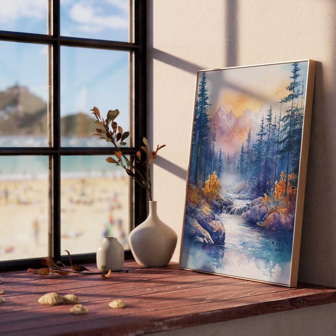 Mountain Stream Flowing Through Pine Forest Sunrise Watercolor Poster - Image 2