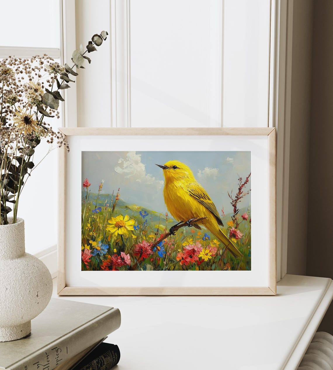 Yellow Warbler Singing In Wildflower Meadow Spring Oil Painting Poster - Image 3