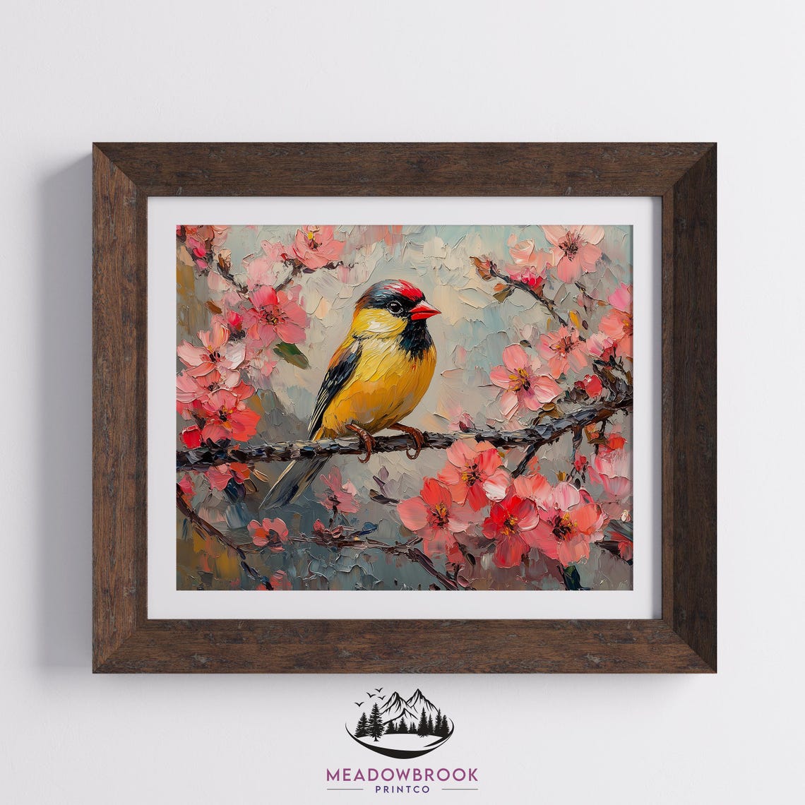 Goldfinch With Red Cap Among Pink Blossoms Impasto Spring Art Poster - Image 2