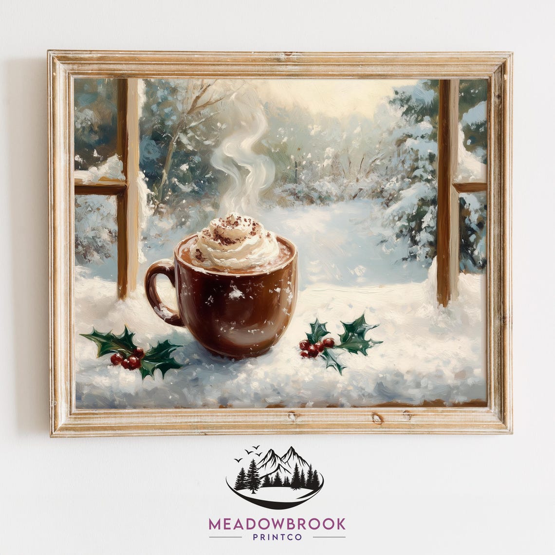Steaming Cocoa Mug With Holly On Snowy Windowsill Art Poster