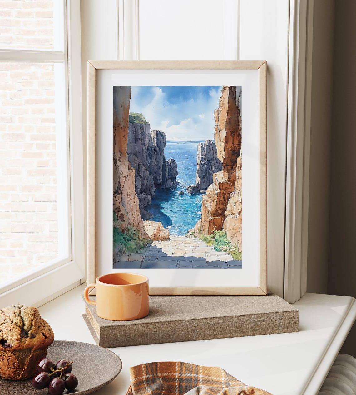 Stone Steps Between Cliffs To Turquoise Sea Coastal Watercolor Poster - Image 3