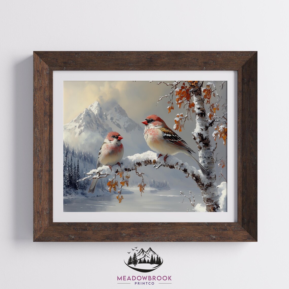 Pair Of House Finches On Snowy Branch Mountain Winter Scene Poster - Image 2