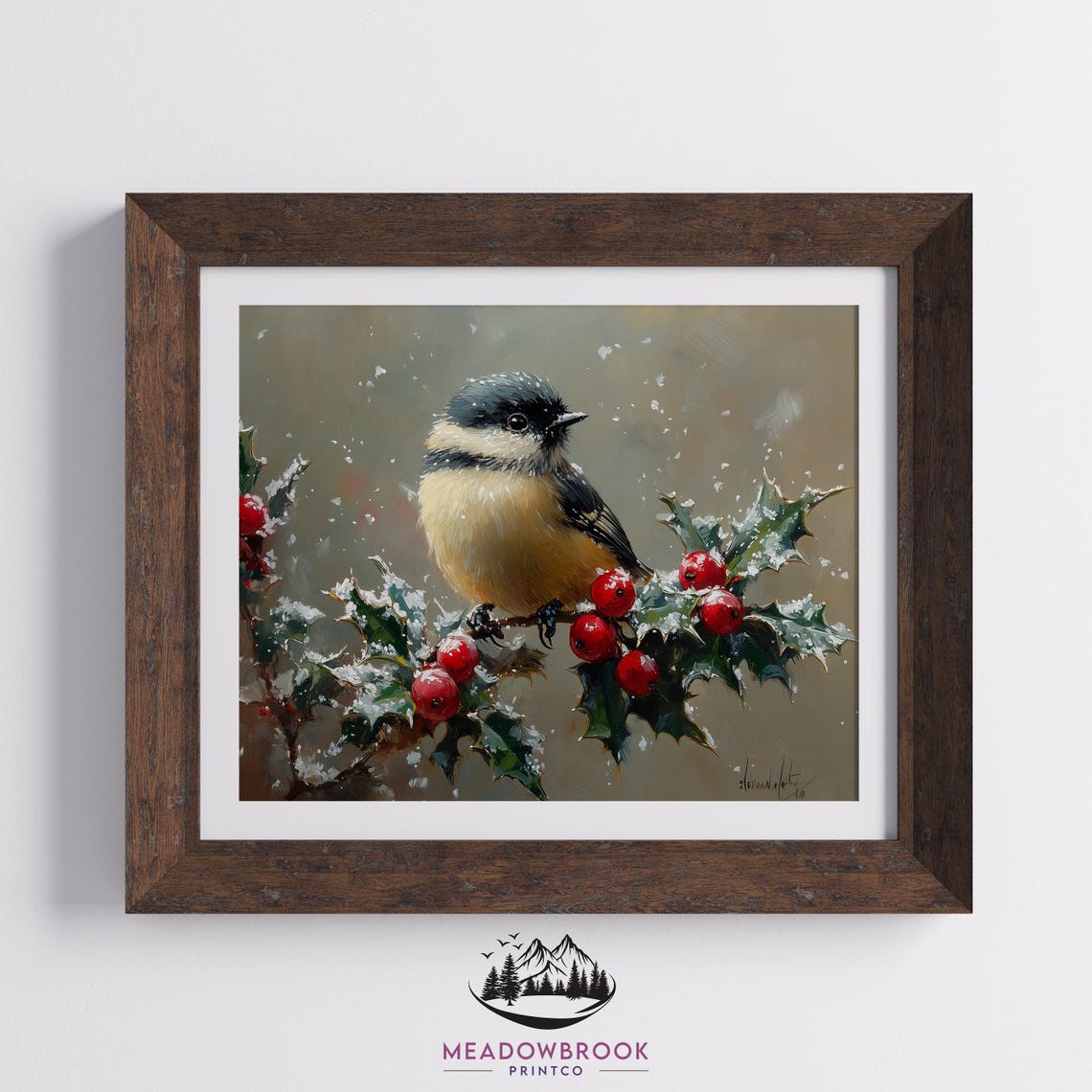 Chickadee Bird Perched On Snowy Holly With Red Berries Winter Poster - Image 2