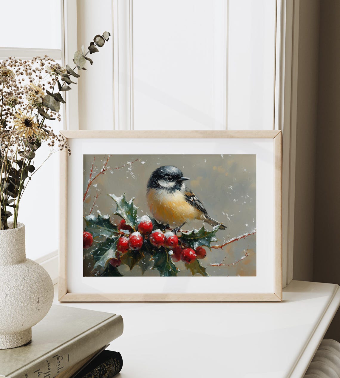 Chickadee On Snowy Holly Branch With Bright Red Winter Berries Poster - Image 3