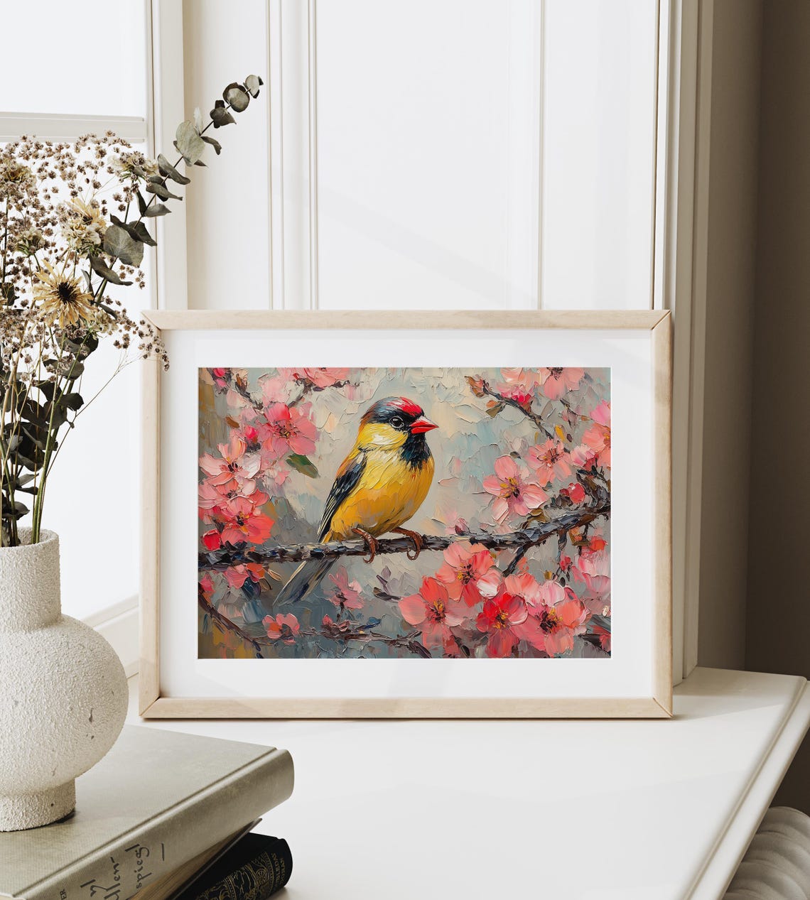 Goldfinch With Red Cap Among Pink Blossoms Impasto Spring Art Poster - Image 3