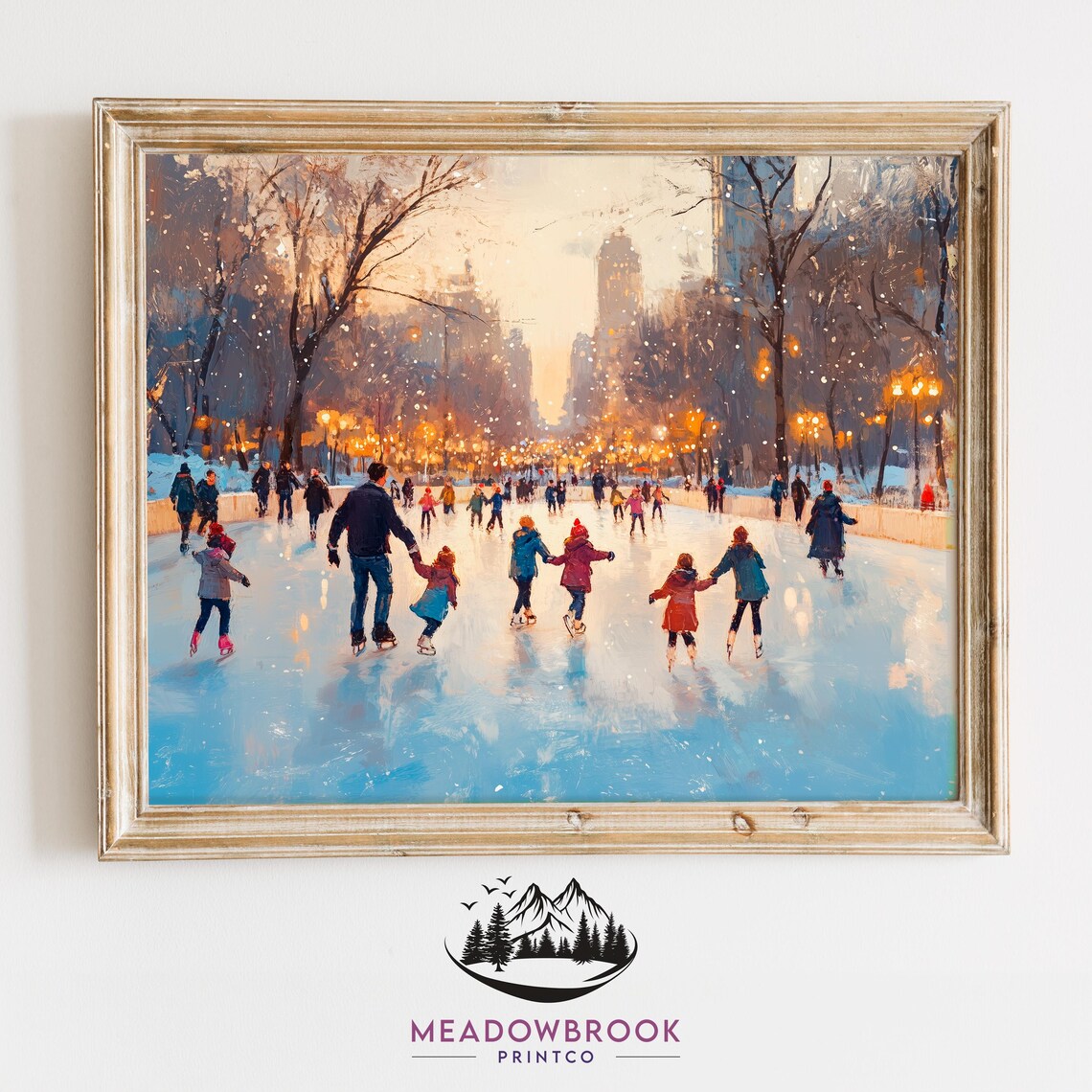 Winter Ice Skaters in Snowy City Park, Art Print