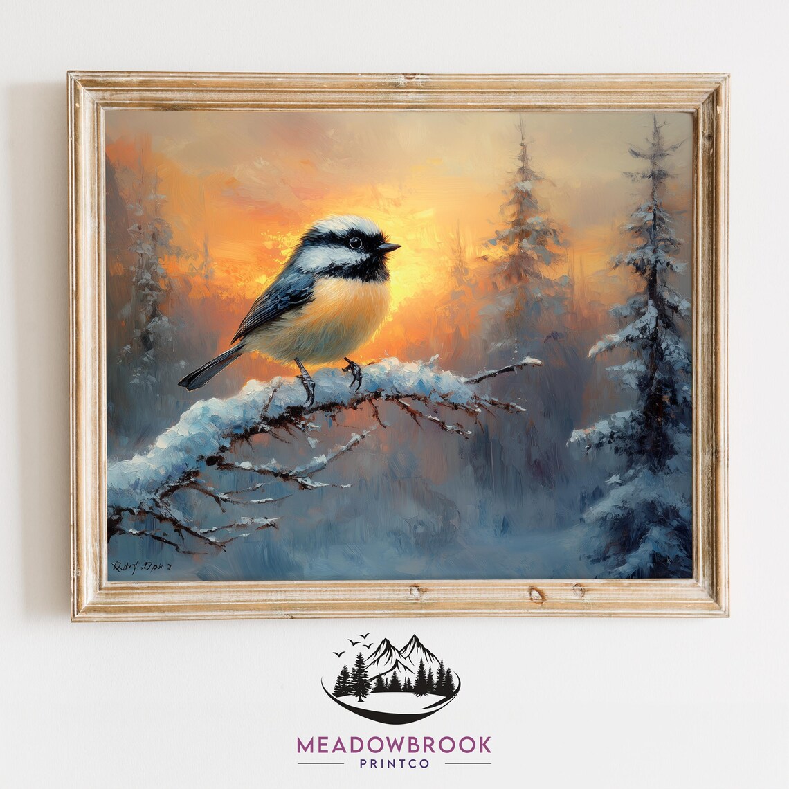 Chickadee Bird Winter Scene, Rustic Farmhouse Art Print