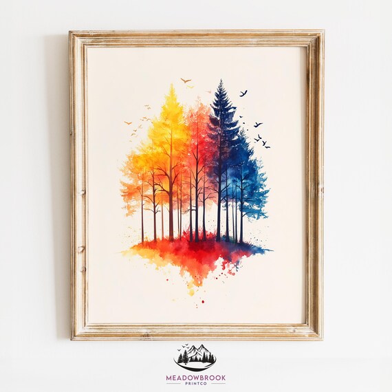 Autumn Trees At Sunrise Colorful Watercolor Landscape Wall Art Moody Nature Scene Cottagecore Fall Decor Print 913