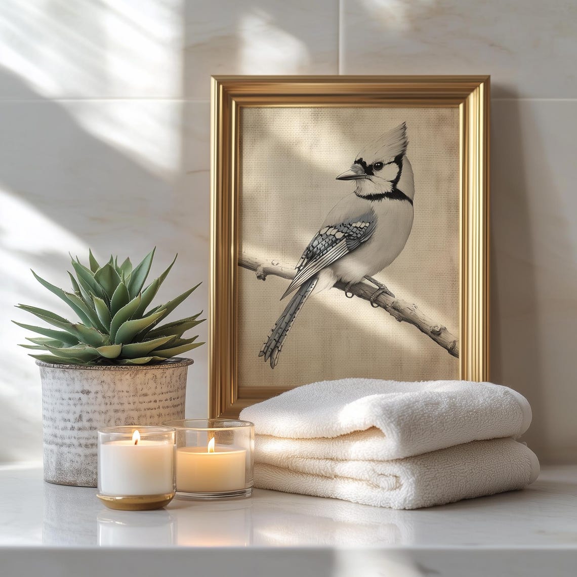 Blue Jay Pencil Sketch Winter Bird Neutral Farmhouse Art Print Poster - Image 3