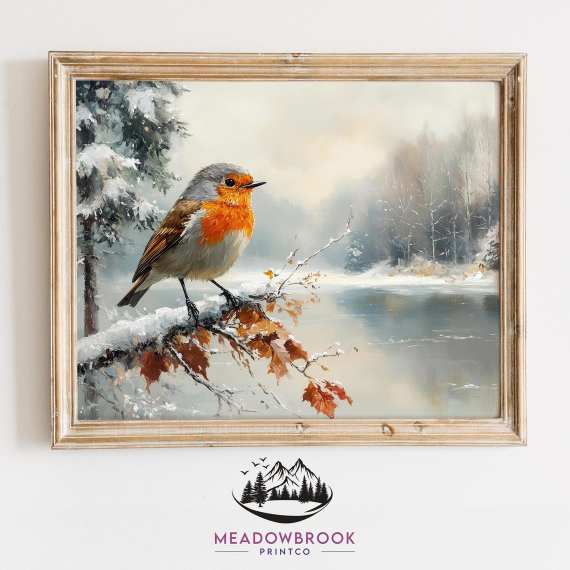 Robin On Snowy Maple Branch Frozen Lake Winter Scene Art Poster