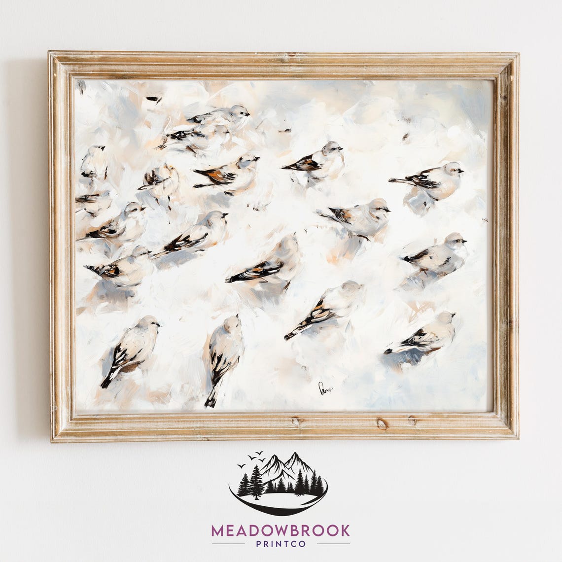 Flock Of Snow Buntings On Snow Soft Impressionist Winter Bird Poster