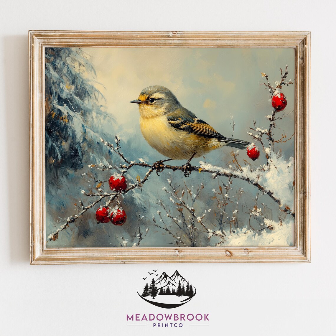 Little Goldfinch On Snowy Branch With Red Crabapples Winter Art Poster